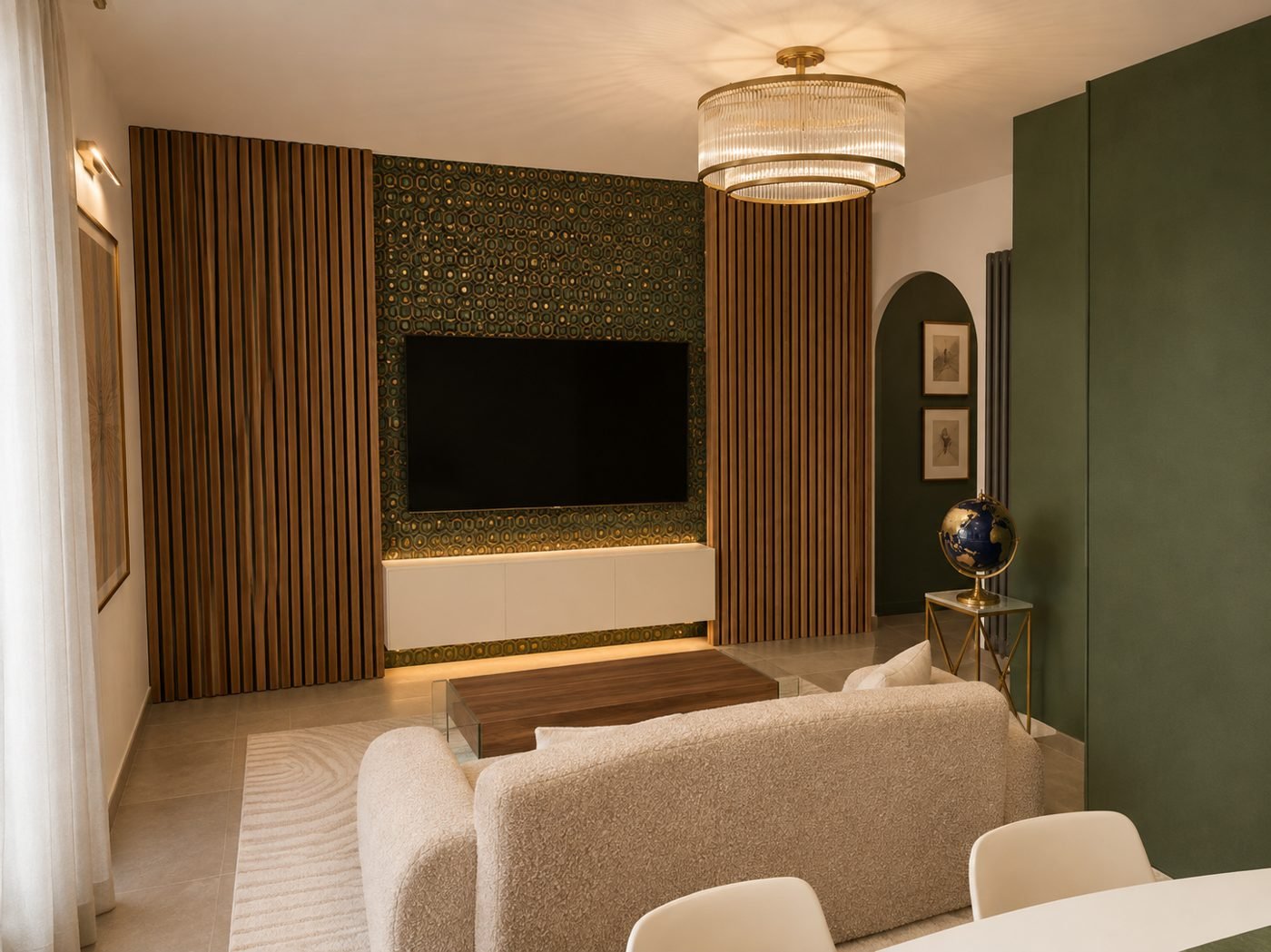Zona living con parete TV, interior design di una casa a Follonica